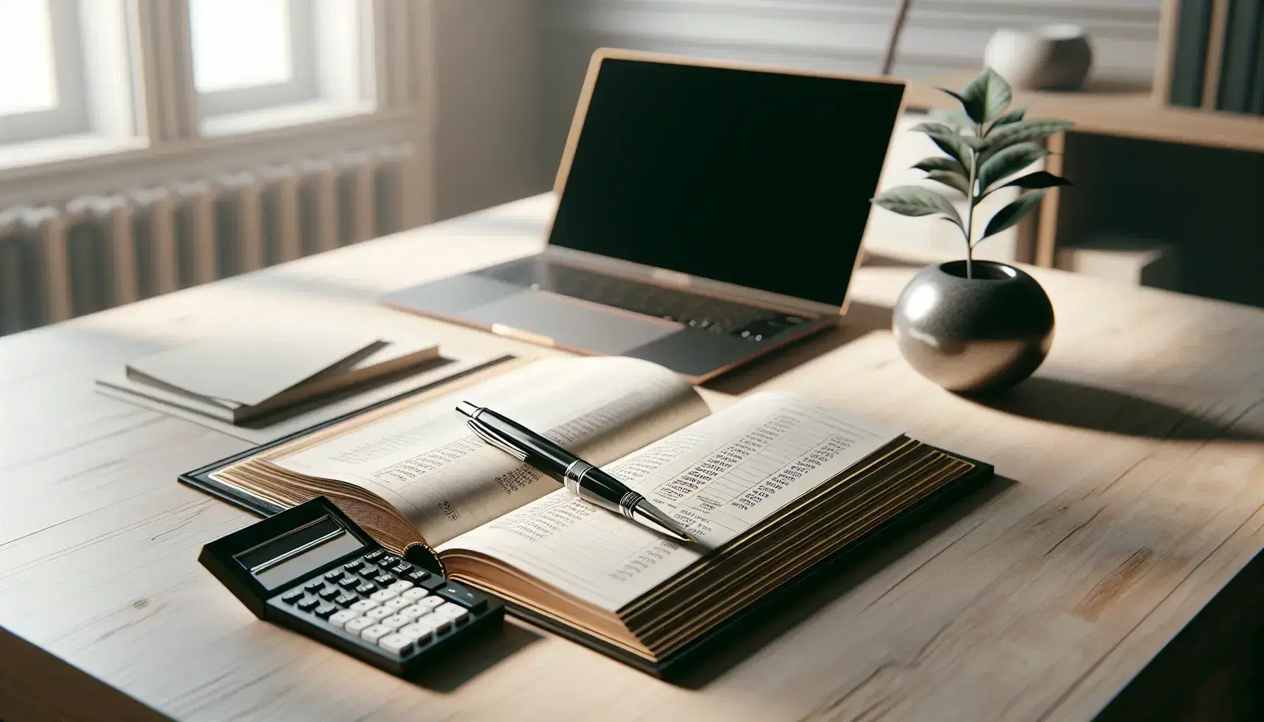 Scrivania in legno chiaro con libro contabile aperto, penna stilografica nera, calcolatrice moderna, laptop su supporto e pianta verde.