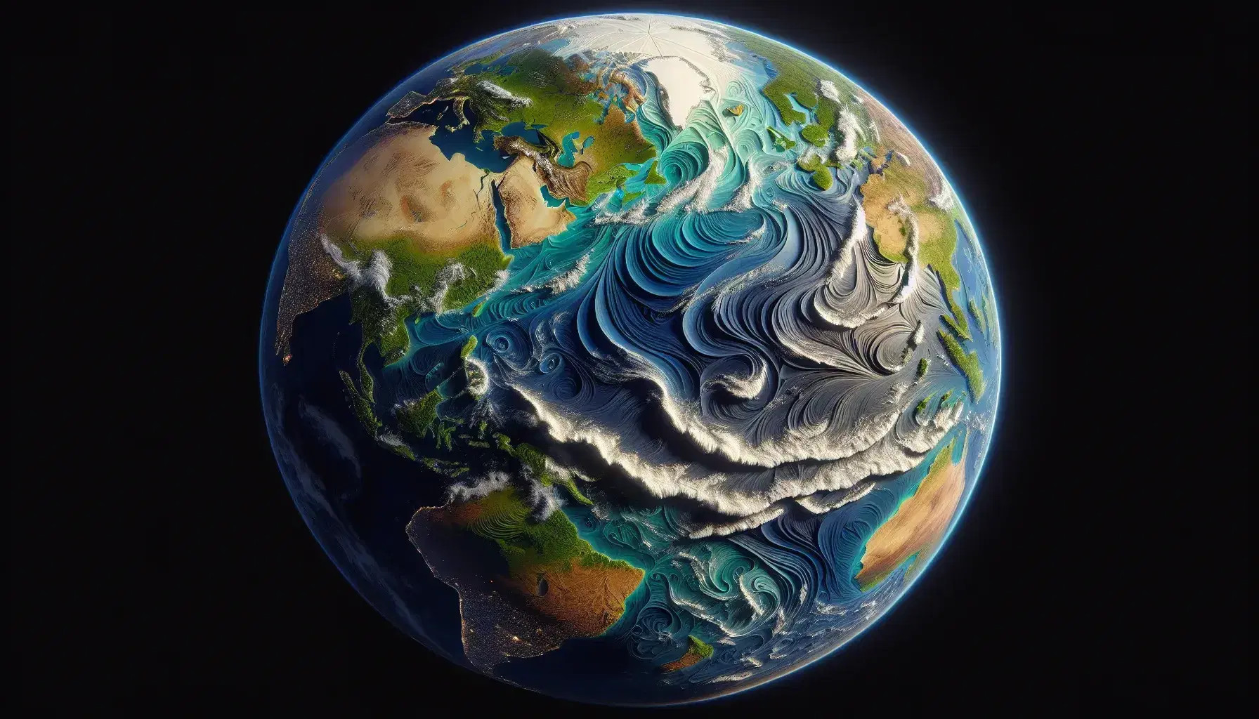Globo terrestre naturale dall'alto con oceano in sfumature di blu, coste frastagliate e continente verde e marrone senza segni umani.