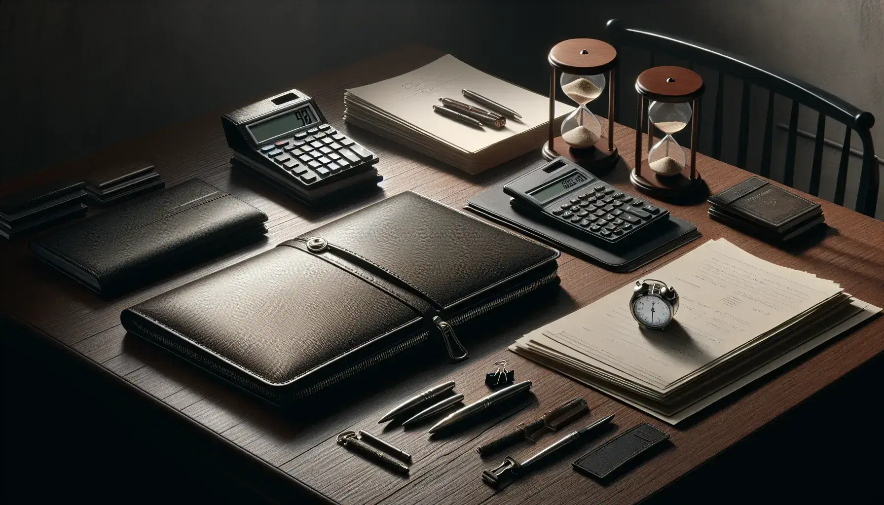 Mesa de madera oscura con portafolio de cuero negro, calculadora científica gris, papeles blancos, reloj de arena y bolígrafo metálico bajo luz suave.