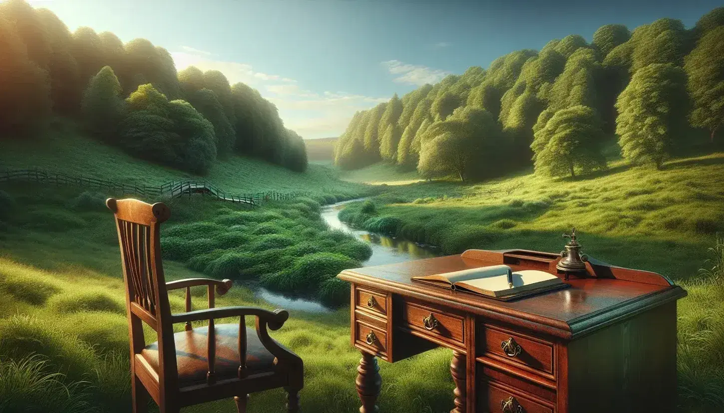 Antique wooden desk and chair in a lush meadow with a tranquil stream and dense tree line under a clear blue sky, ready for writing.