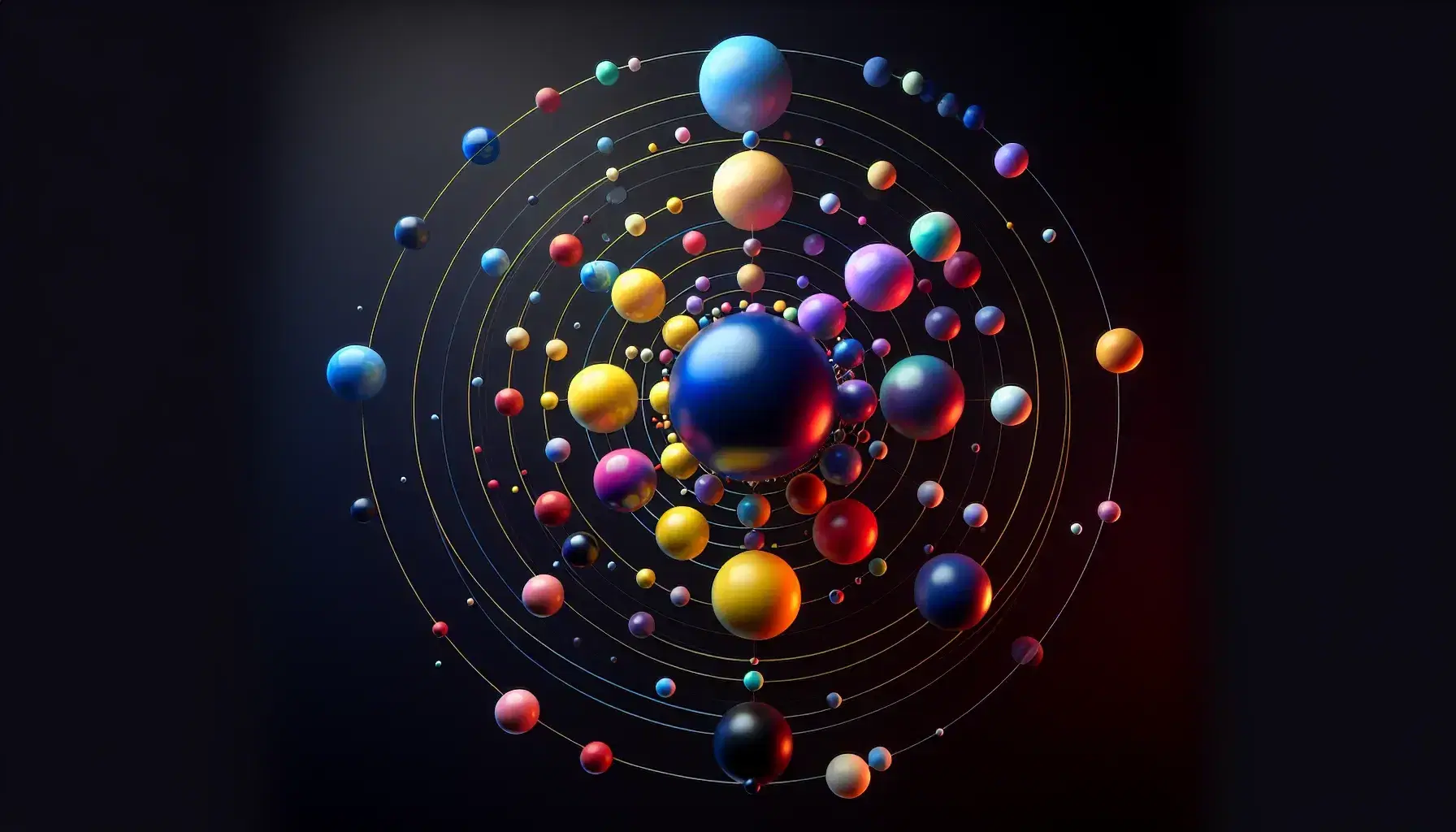 Sfere colorate sospese nello spazio su sfondo nero, con tre grandi sfere blu, rosse e gialle in formazione triangolare e piccole sfere orbitanti.