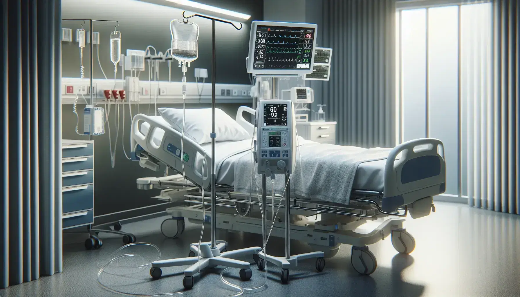 Intensive care environment with modern hospital bed, patient connected to medical devices, drip and vital signs monitor.