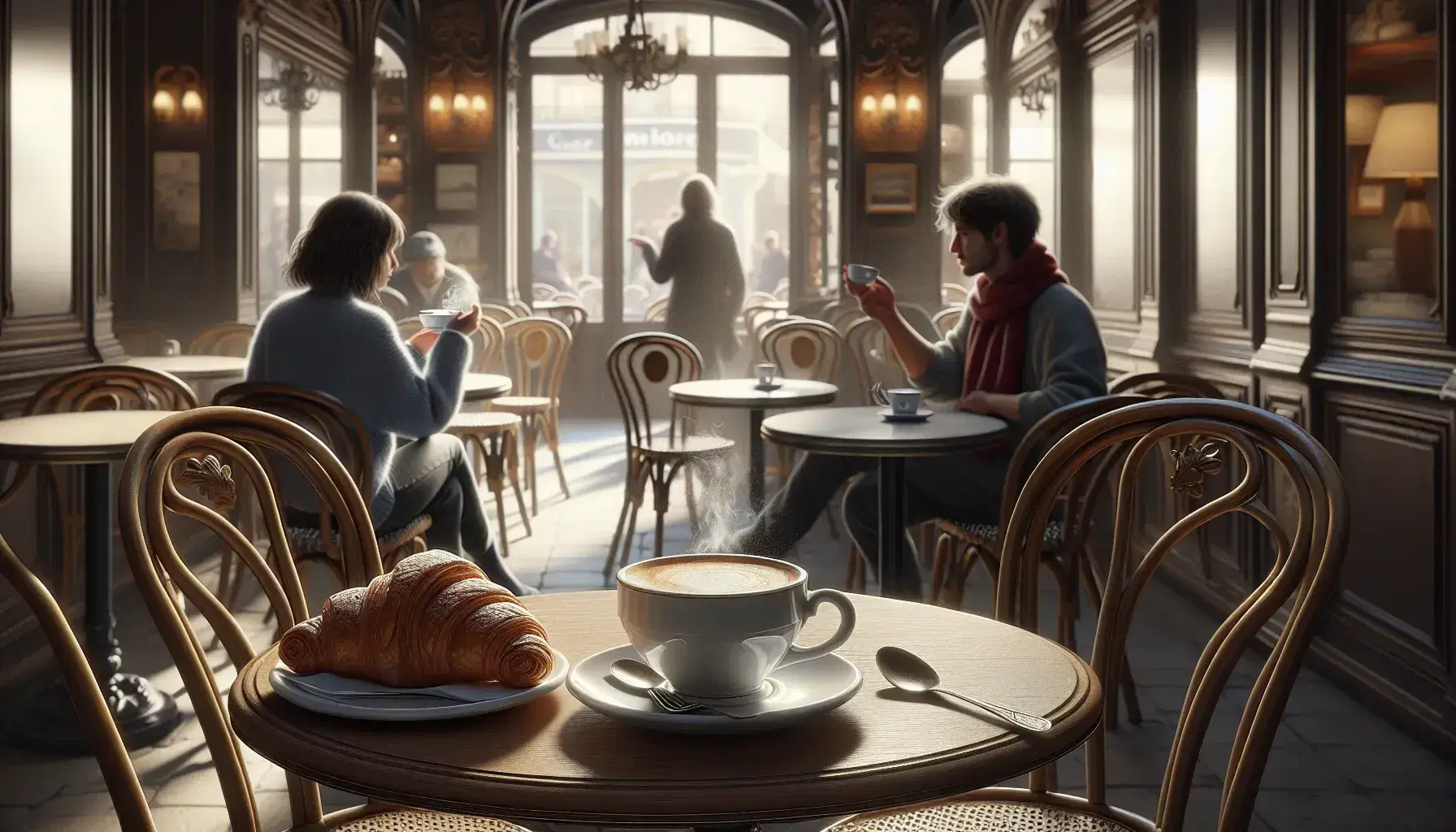 Cozy French café scene with patrons enjoying coffee, a croissant on a wooden table, and warm ambient lighting enhancing the tranquil atmosphere.