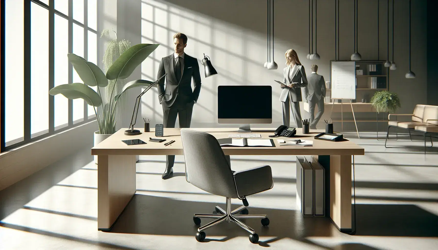 Ufficio moderno e luminoso con scrivania in legno, laptop, telefono, pianta, sedia ergonomica e due professionisti in abiti formali che scambiano documenti.