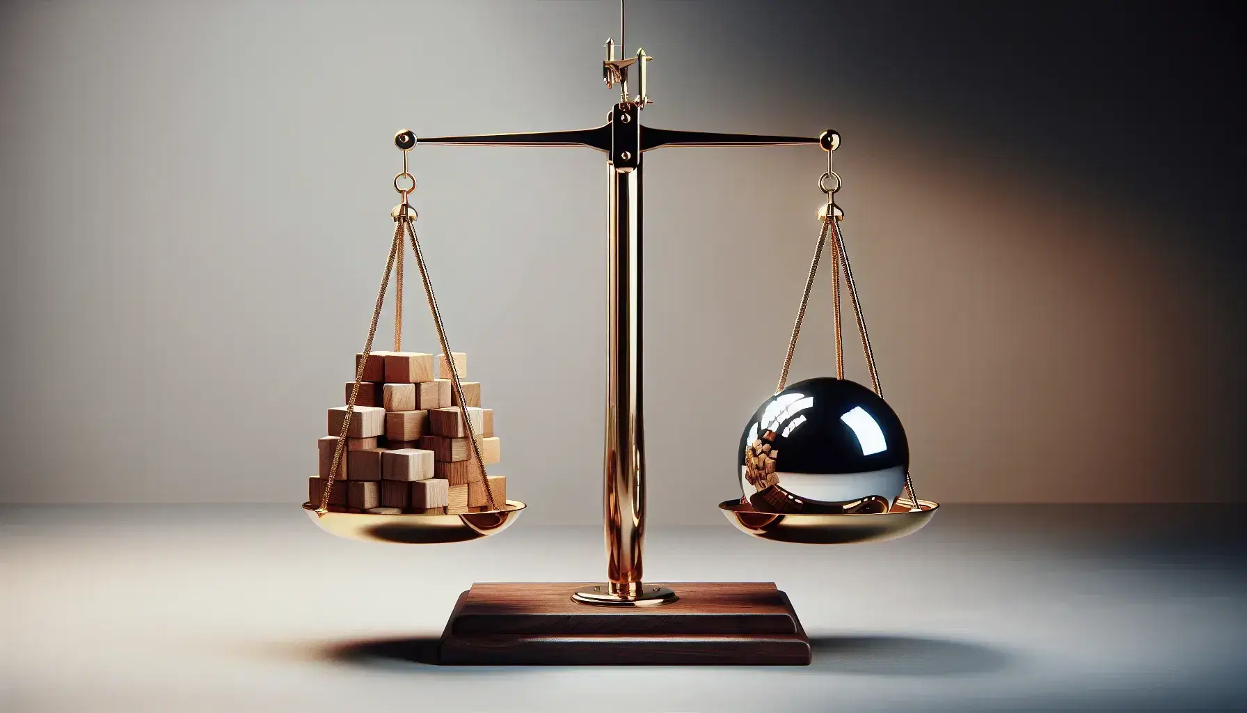 Balanza dorada de dos platos en equilibrio, con bloques de madera en uno y esfera metálica brillante en el otro, sobre superficie gris.