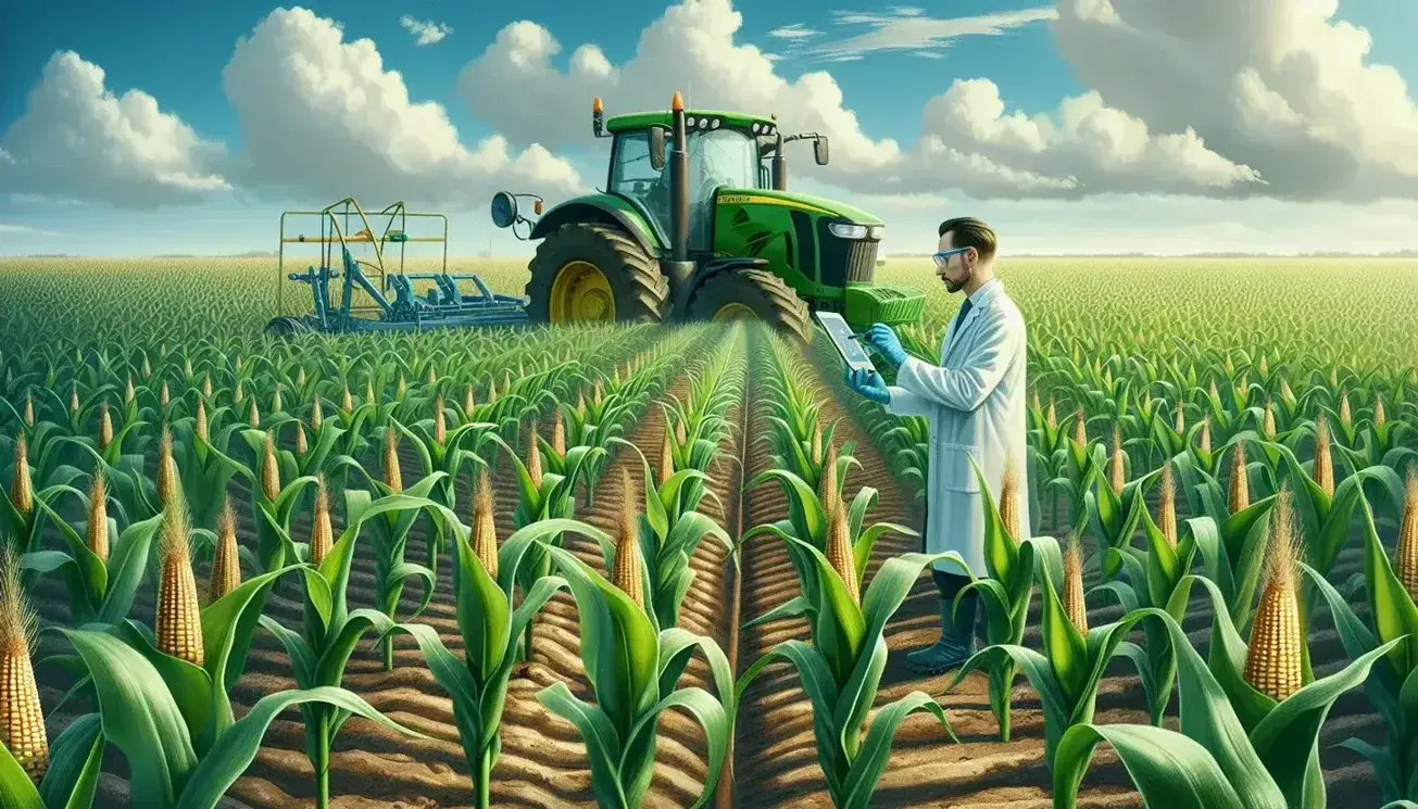 Campo de maíz con plantas verdes en fila, tractor agrícola trabajando y científico examinando cultivo con tableta electrónica bajo cielo azul con nubes.