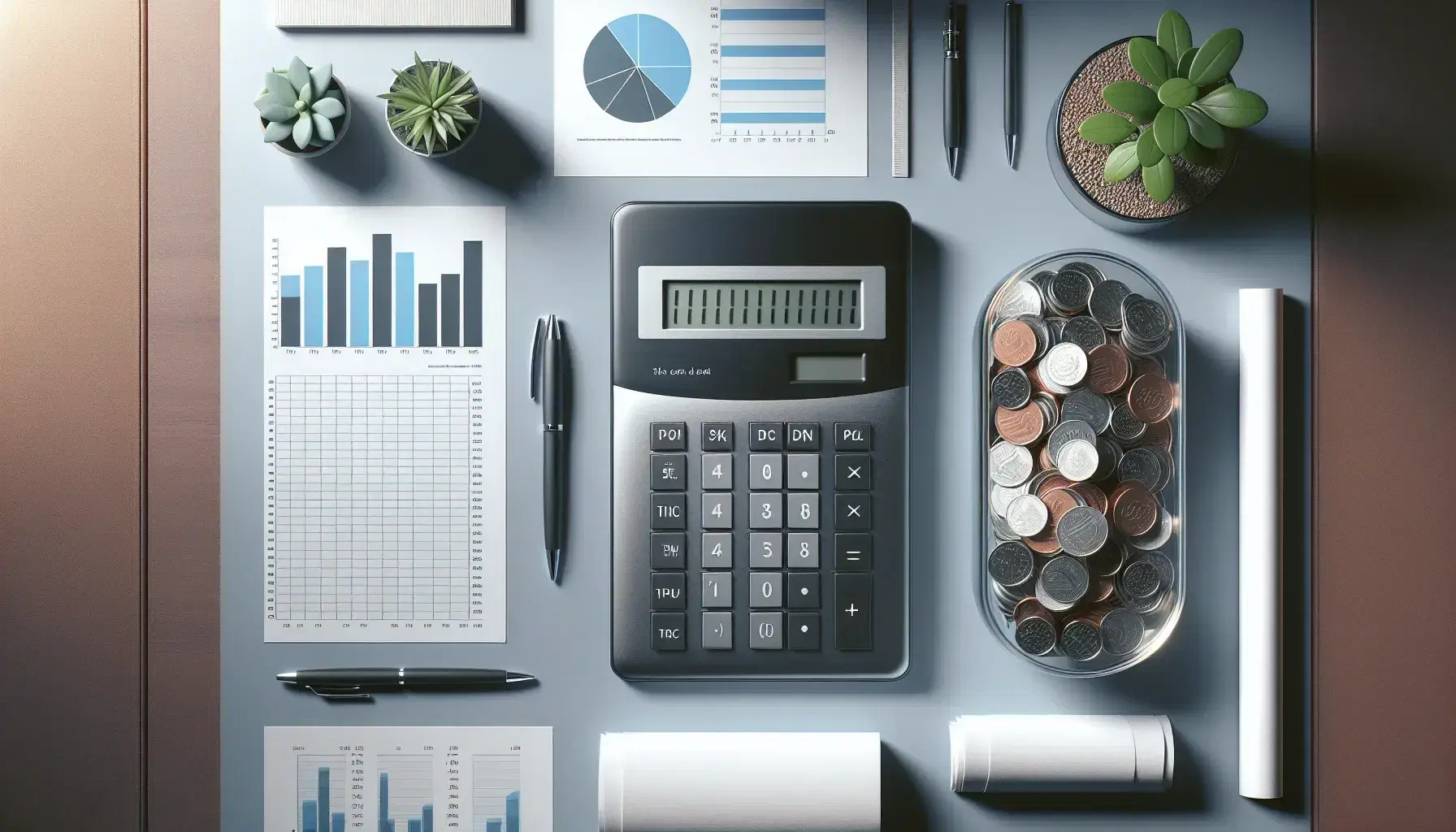 Modern calculator, stack of papers with blue bar graphs, mixed coins in glass jar, and potted plant on a wooden office desk.
