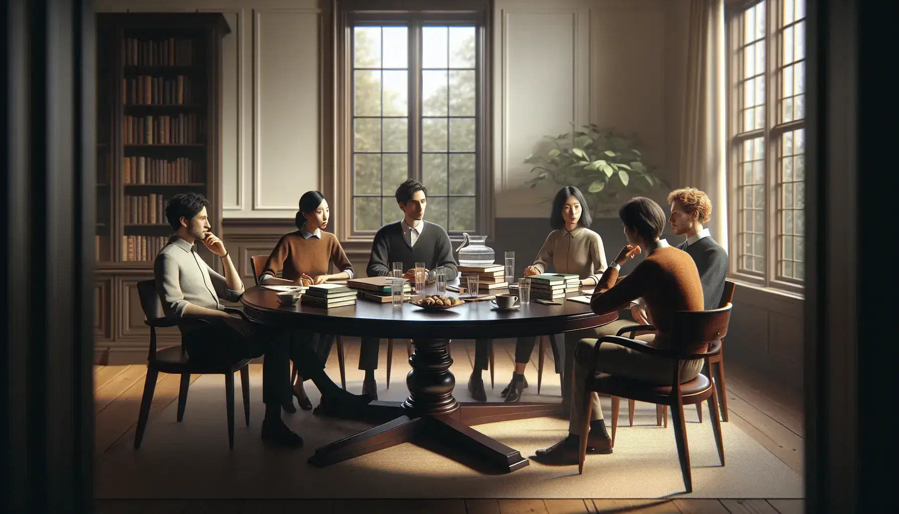 Gruppo di cinque professionisti in abiti formali discute attorno a un tavolo rotondo in una sala luminosa con libri, fogli e una caraffa d'acqua.