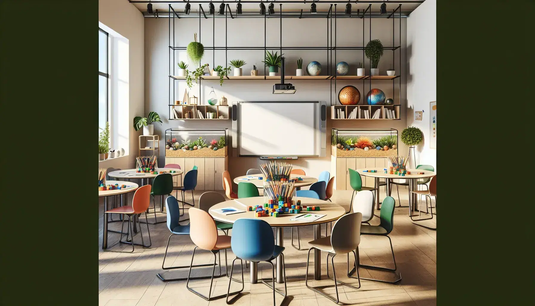 Aula moderna y luminosa con mesas redondas y sillas ergonómicas de colores, objetos educativos, estantería con plantas y proyector digital.