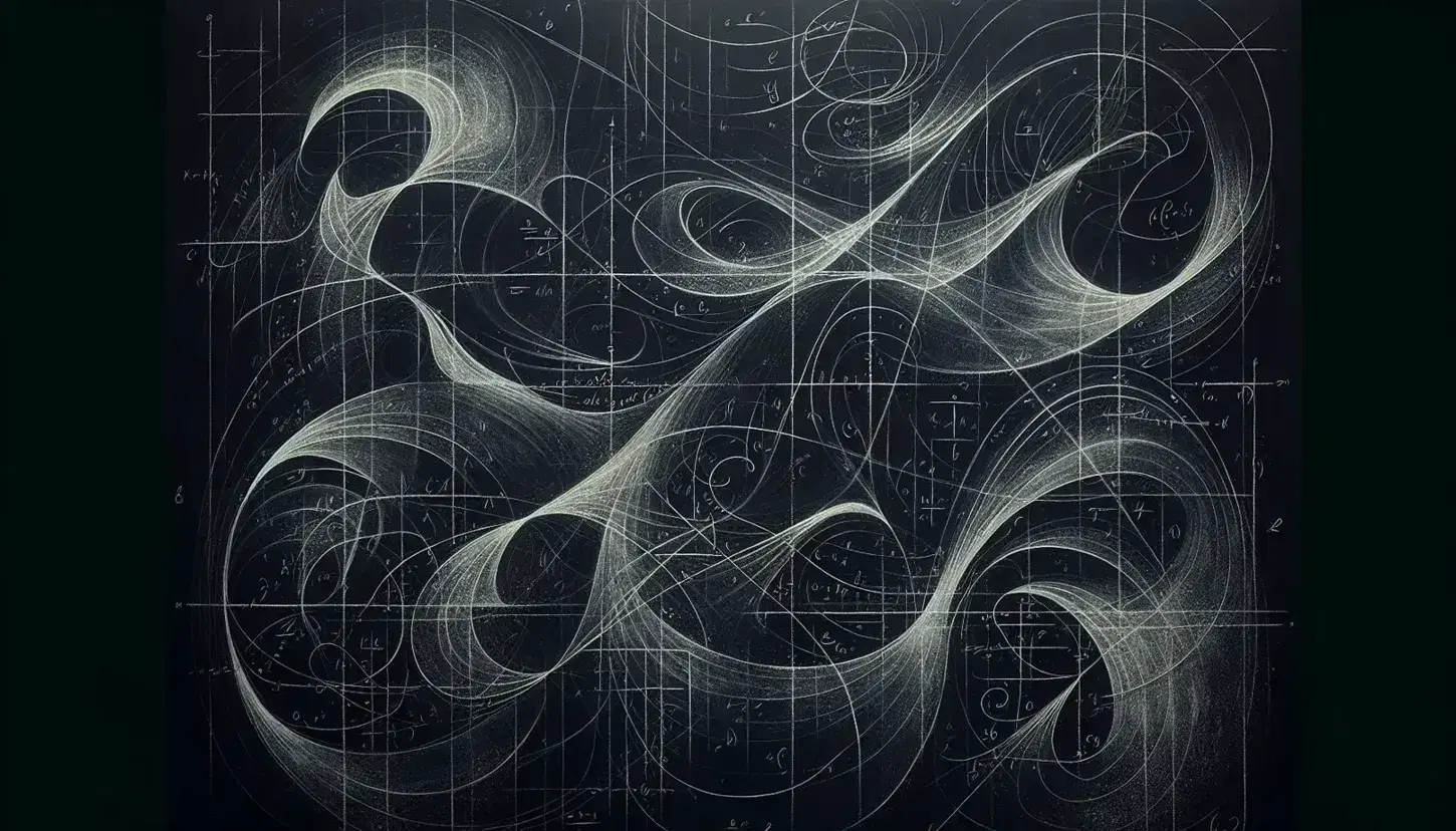 Close-up view of a blackboard with intricate white chalk curves intersecting with straight lines, accented by subtle blue and yellow highlights.