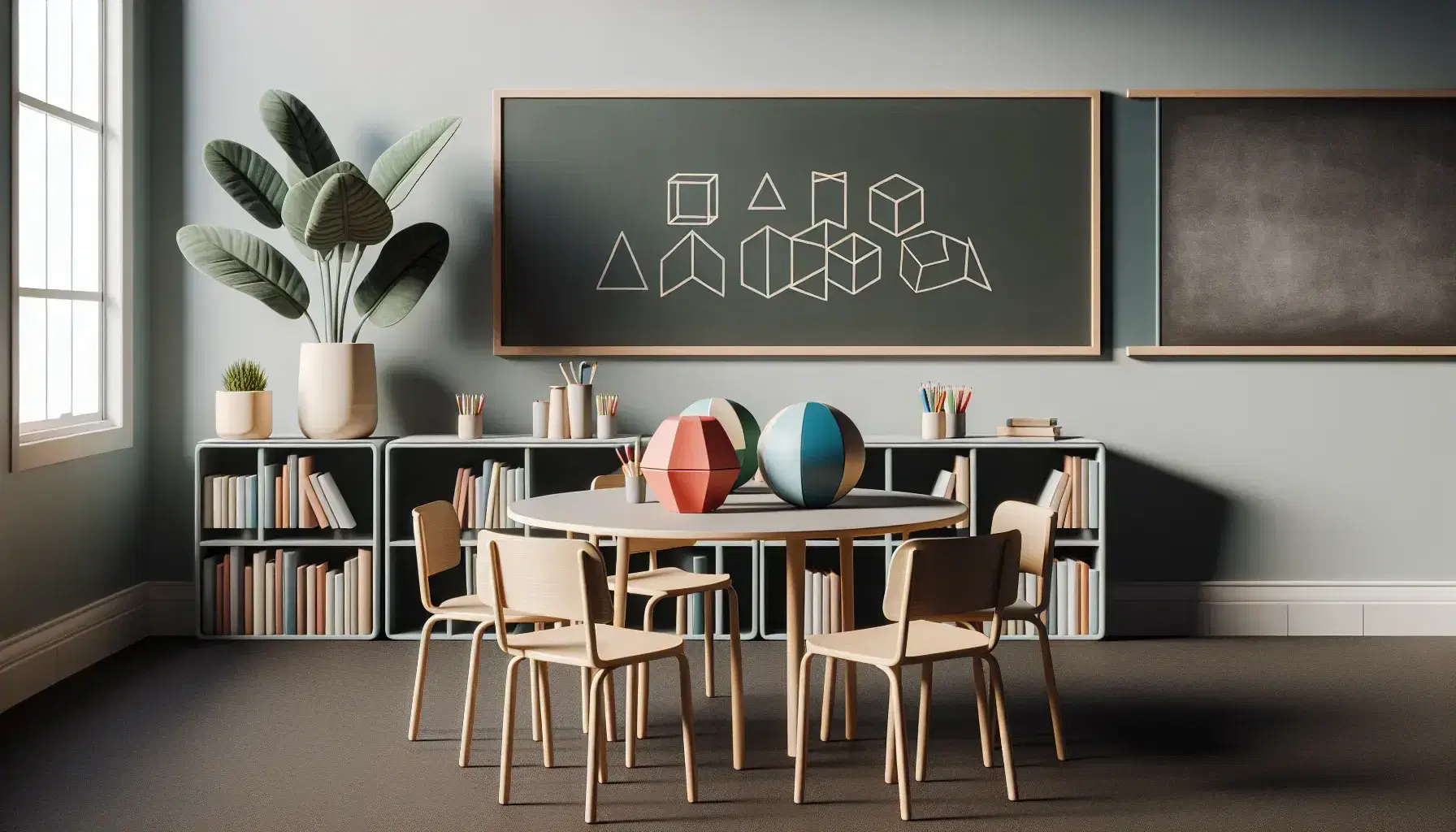 Organized classroom with round table, colorful geometric plastic shapes, clean chalkboard, leafy plant, and bookshelf with muted books.