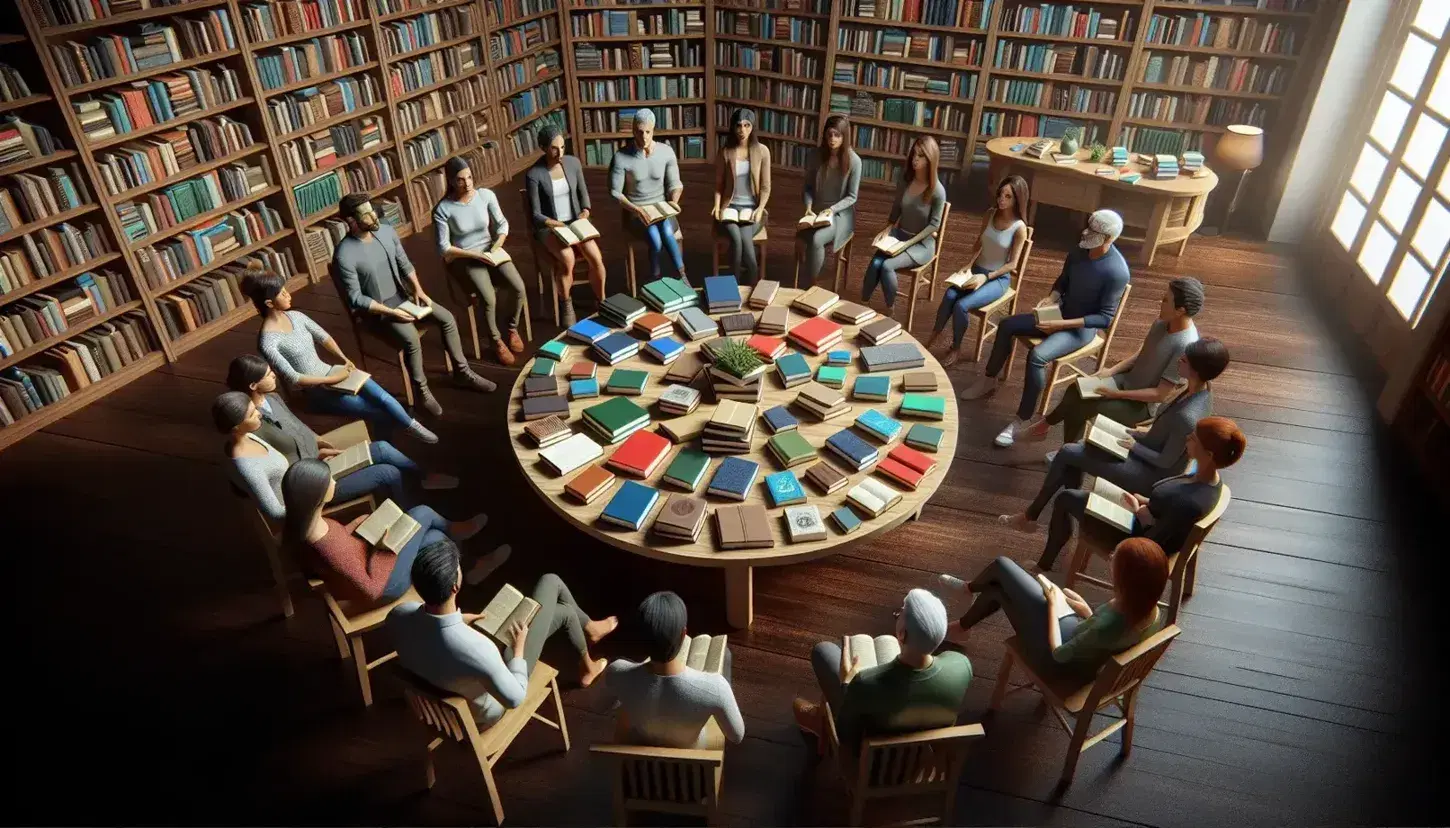Grupo diverso de personas en discusión sentadas alrededor de una mesa con libros en una biblioteca acogedora, sin elementos tecnológicos visibles.