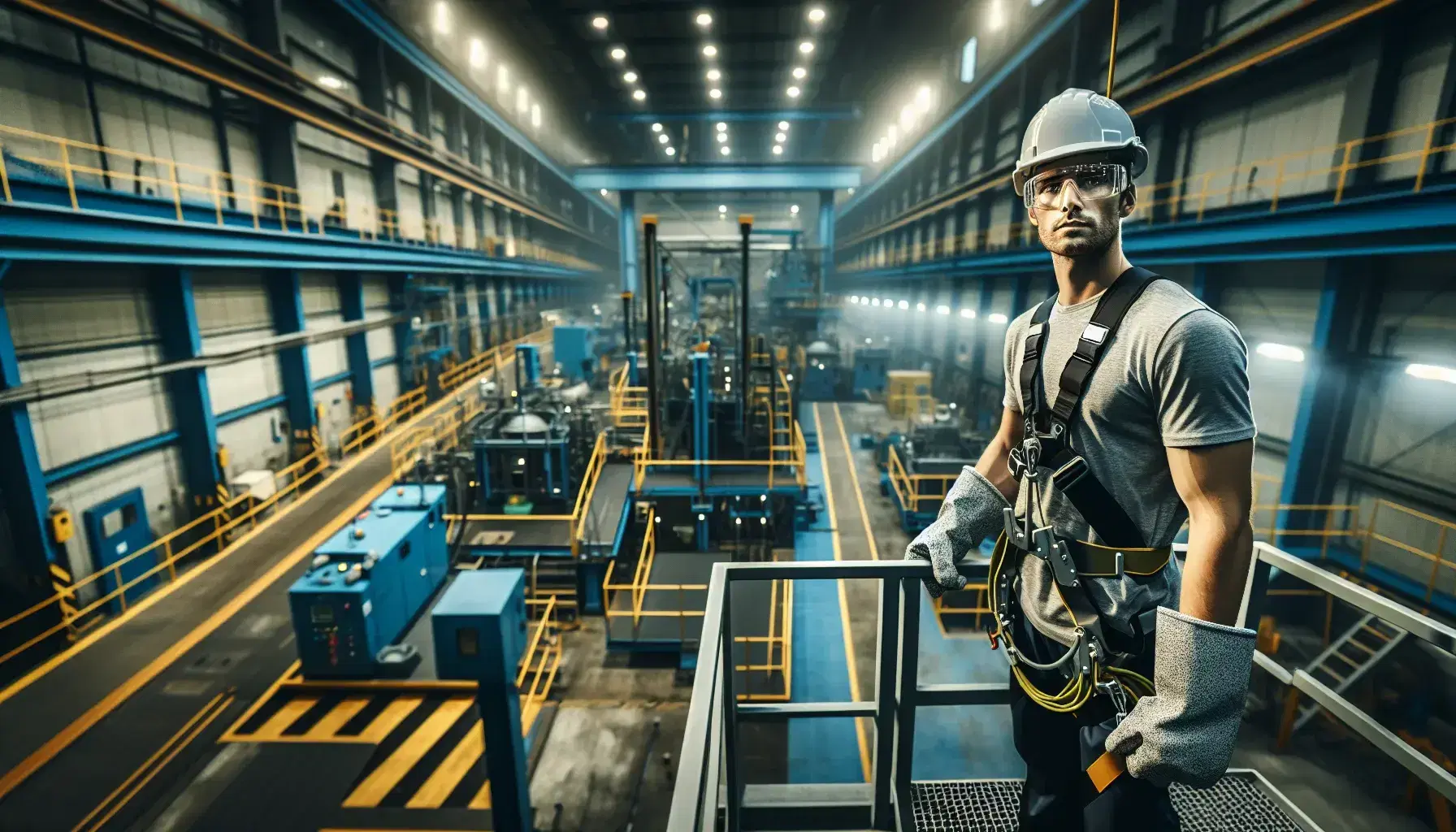 Trabajador con casco y gafas de seguridad en plataforma metálica con arnés de seguridad en entorno industrial ordenado y limpio.