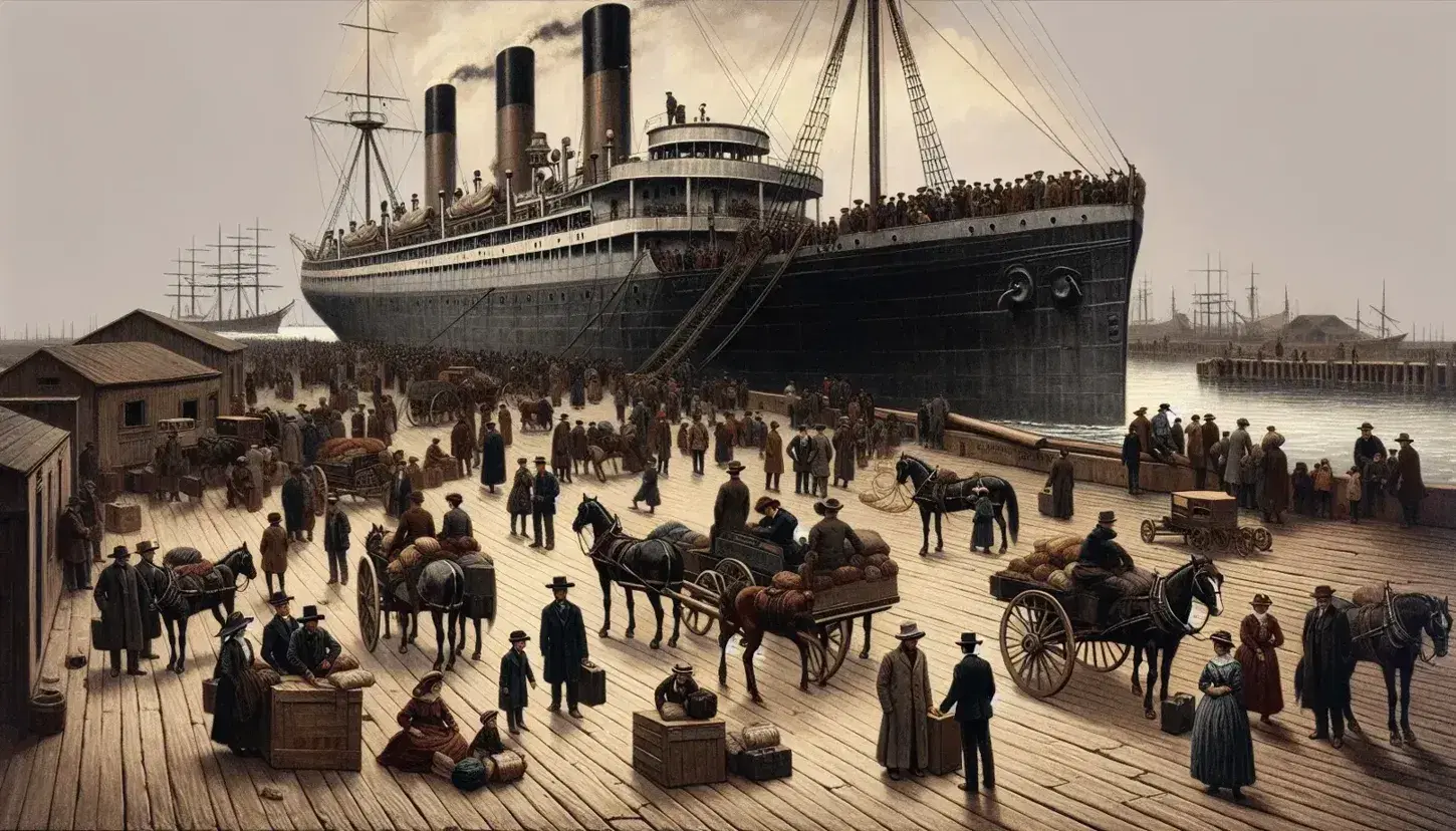 Early 20th-century port scene with immigrants disembarking from a moored steamship, horse-drawn carts on the dock, and other ships in the calm harbor.