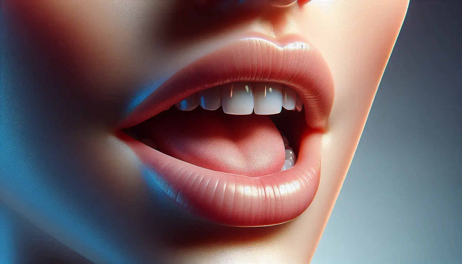 Close-up profile view of a human mouth with slightly parted lips, a resting tongue, and white teeth against a soft blue gradient background.