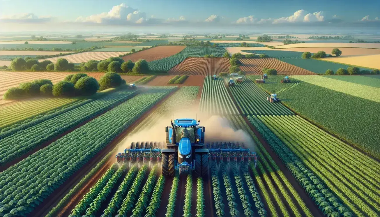 Trattore blu moderno lavora in campo agricolo con filari di piante verdi, nuvole sparse nel cielo azzurro e colline sullo sfondo.