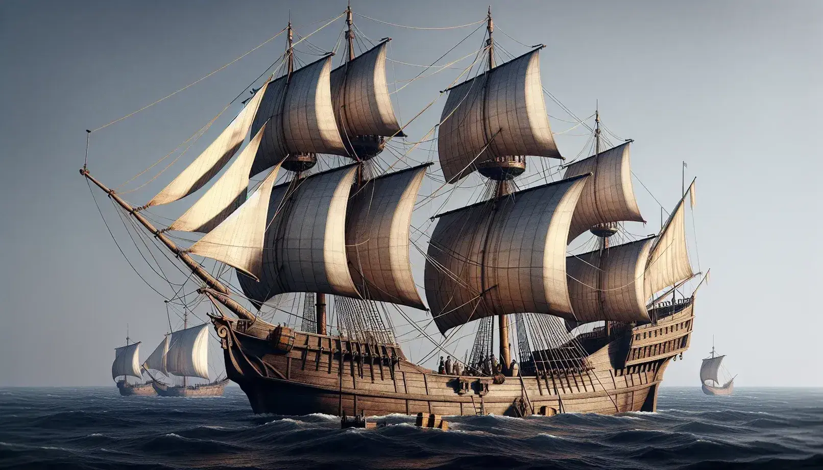 15th-century caravel sailing ship with billowing white sails on calm blue sea, crew on deck amid barrels and crates, clear sky.