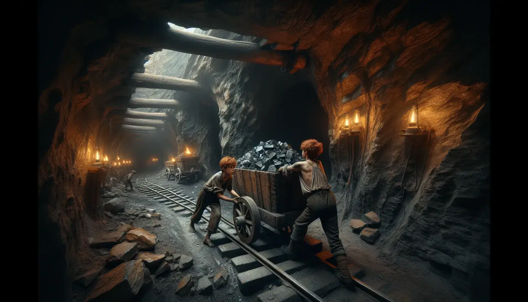 Interno di una miniera antica con ragazzino dai capelli rossi e compagno che spingono un carrello pieno di minerali su binari metallici, illuminati da lampade ad olio.