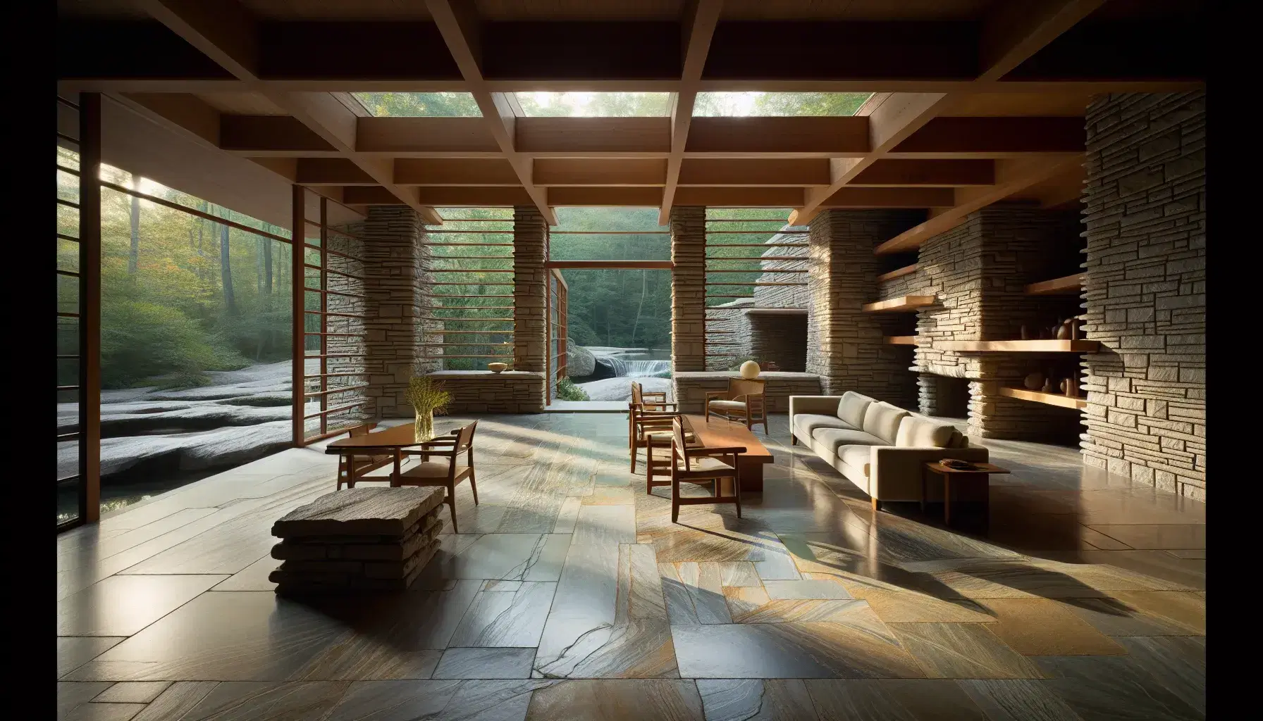 Interno della Casa Fallingwater di Frank Lloyd Wright con pavimenti in pietra lucida, pareti in blocchi di pietra, soffitto in legno, ampie finestre e mobili semplici.