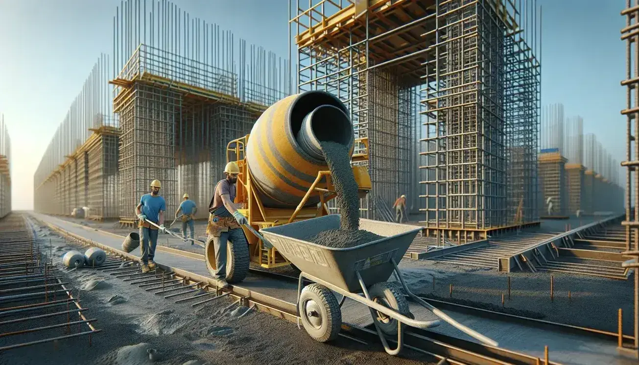 Sitio de construcción con mezcladora de concreto amarilla y trabajadores vertiendo hormigón en carretilla, estructuras de acero al fondo y cielo despejado.