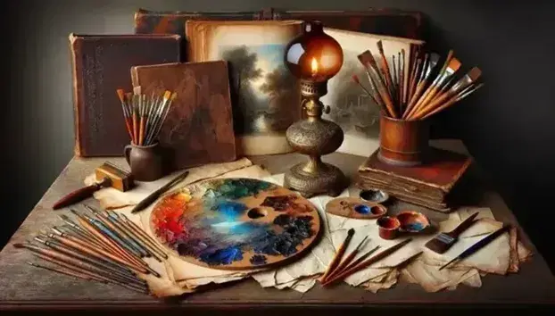 Mesa antigua con lámpara de aceite de bronce, paleta de pintura con pinceles, papel con acuarela inacabada y libro antiguo abierto.