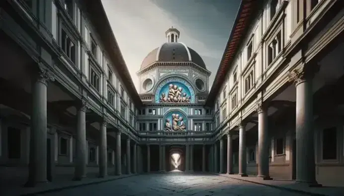 Ingresso dello Spedale degli Innocenti a Firenze, con portico di archi su colonne corinzie e tonde di Andrea della Robbia.