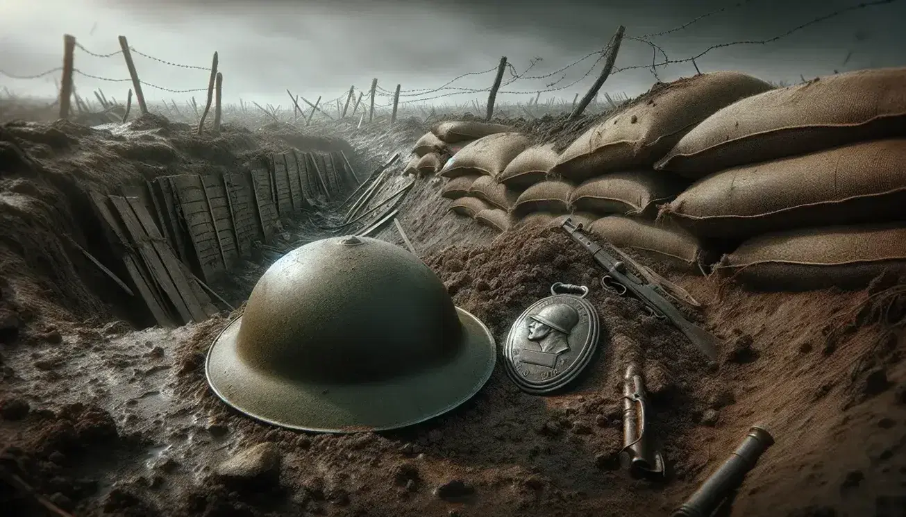 Campo di battaglia della Prima Guerra Mondiale con crateri, elmetto militare danneggiato, placca metallica, trincea erosa e filo spinato arrugginito.