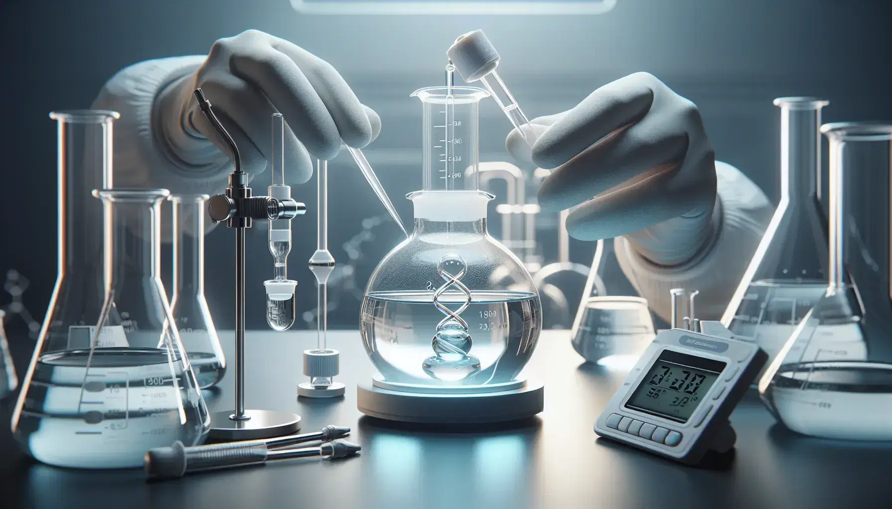 Hands protected by white gloves handle laboratory glassware with a round bottom flask and separating funnel with immiscible liquids, in a controlled environment.
