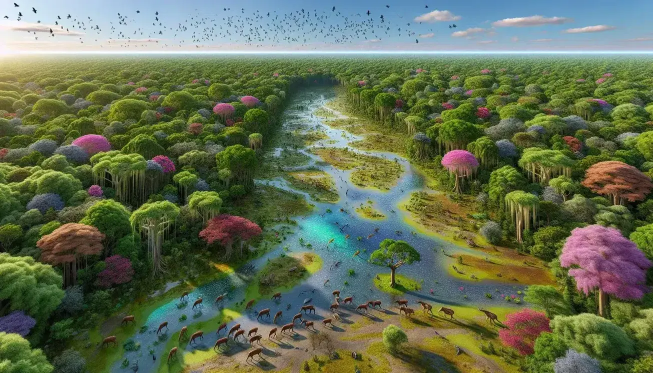 Vista aérea de un bosque frondoso con río serpenteante, ciervos bebiendo agua y aves volando en un cielo parcialmente nublado.