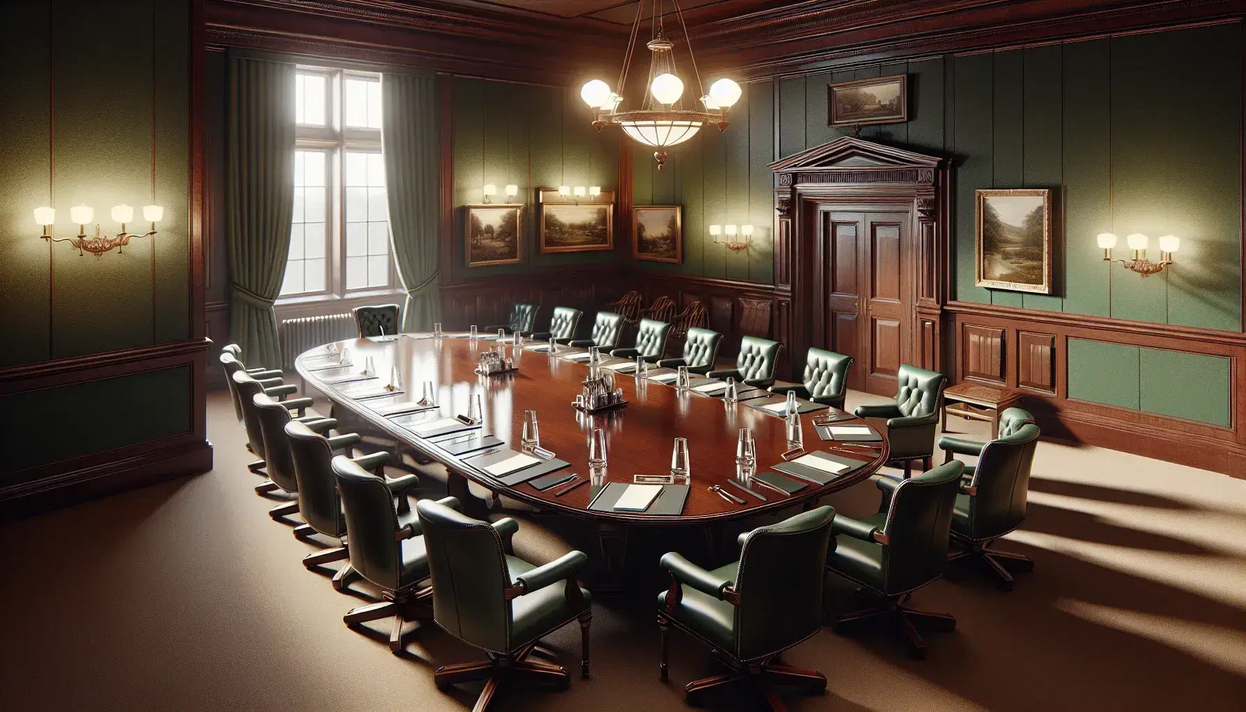 Elegant meeting room with a large oval wooden table, green leather chairs, mahogany walls, and historical paintings under a warm chandelier glow.