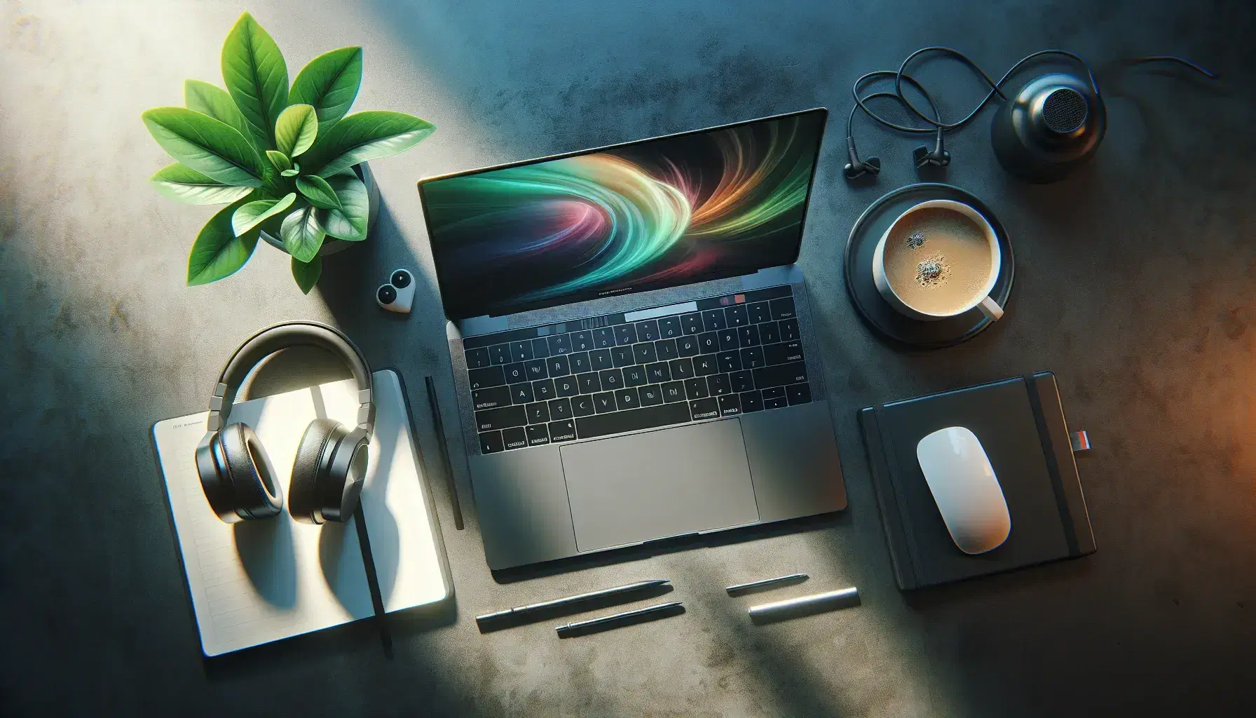 Organized desk with open laptop, black headphones, coffee cup, green plant and notepad with pen on light wood.