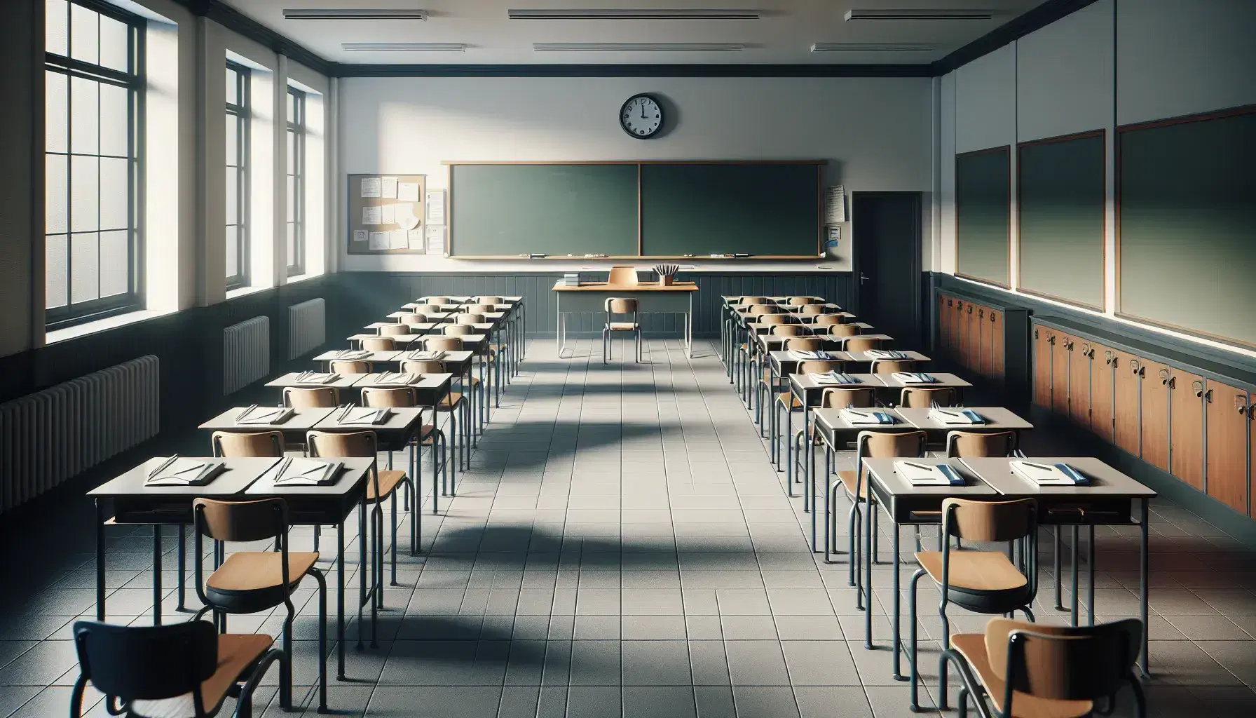 Aula scolastica vuota con banchi ordinati e sedie sopra, lavagna pulita, luce naturale dalle finestre e armadio chiuso sul lato.