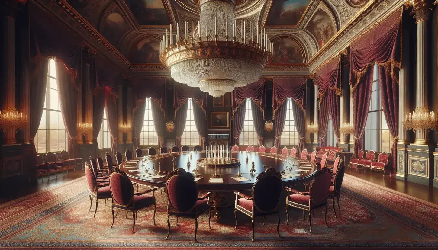 Grand 19th-century European-style conference hall with oval wooden table, red velvet chairs, crystal chandelier, and ornate decor.