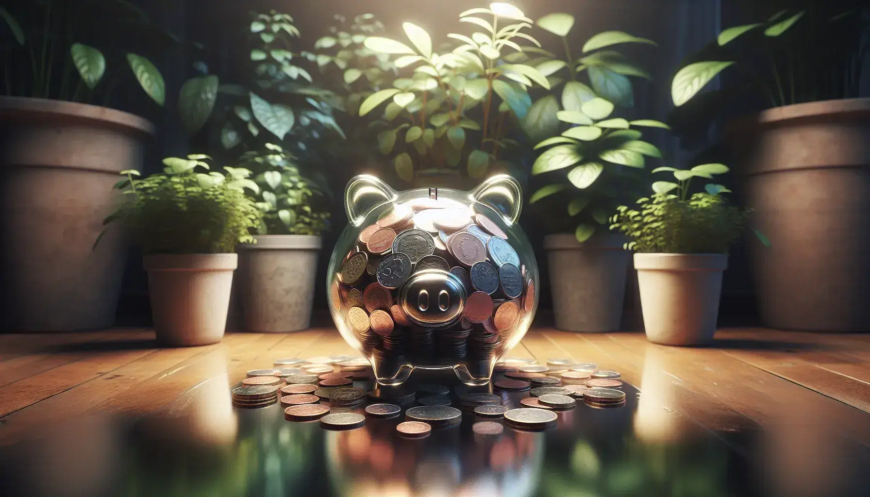 Clear glass piggy bank filled with coins on a polished wooden surface, flanked by a variety of lush green potted plants in a warmly lit setting.