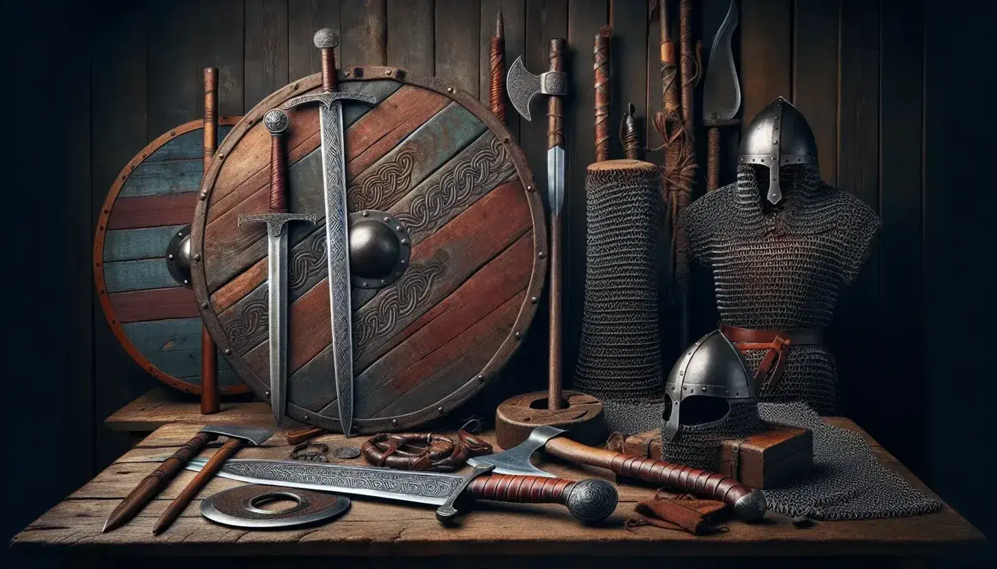 Viking sword with pattern-welded blade, round shield with red and black design, chainmail armor, spear, axe, and seax on a wooden table, fur pelt in the background.
