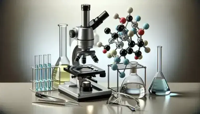Mesa de laboratorio con microscopio, modelo molecular en colores, frasco Erlenmeyer con líquido azul, tubo de ensayo amarillo, gafas de seguridad y guantes.