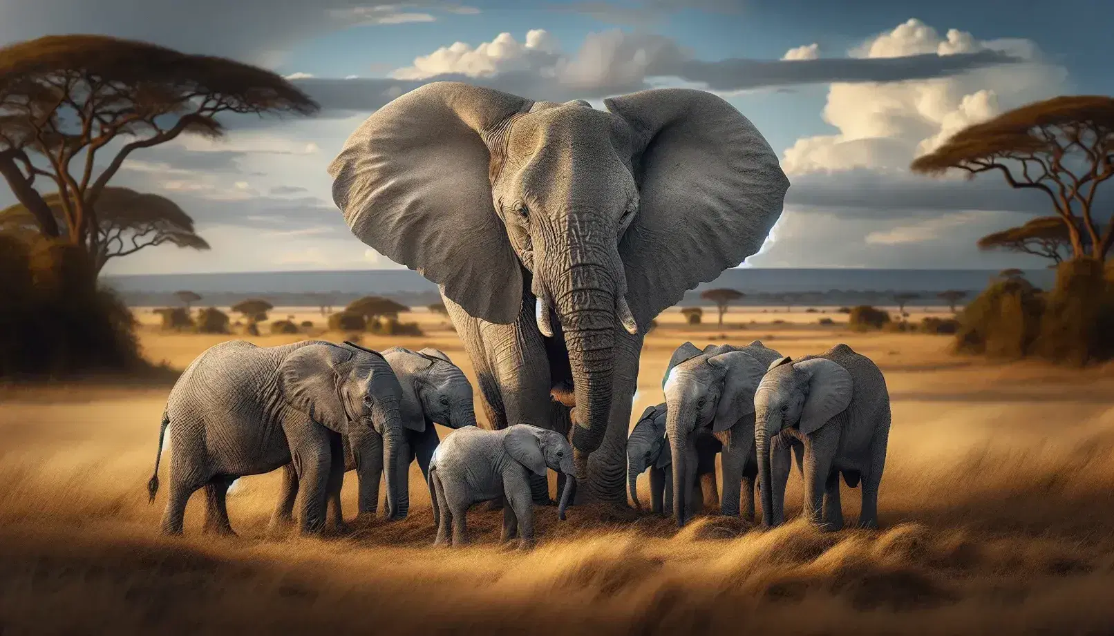 Manada de elefantes africanos en la sabana, con un adulto grande y jóvenes interactuando entre sí, bajo un cielo azul con nubes y árboles dispersos.