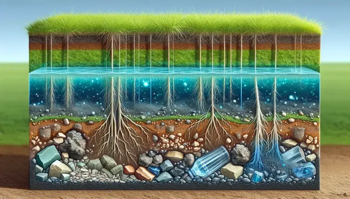Sezione trasversale del terreno che mostra strati di suolo, un acquifero e un ricercatore che preleva campioni di terra.