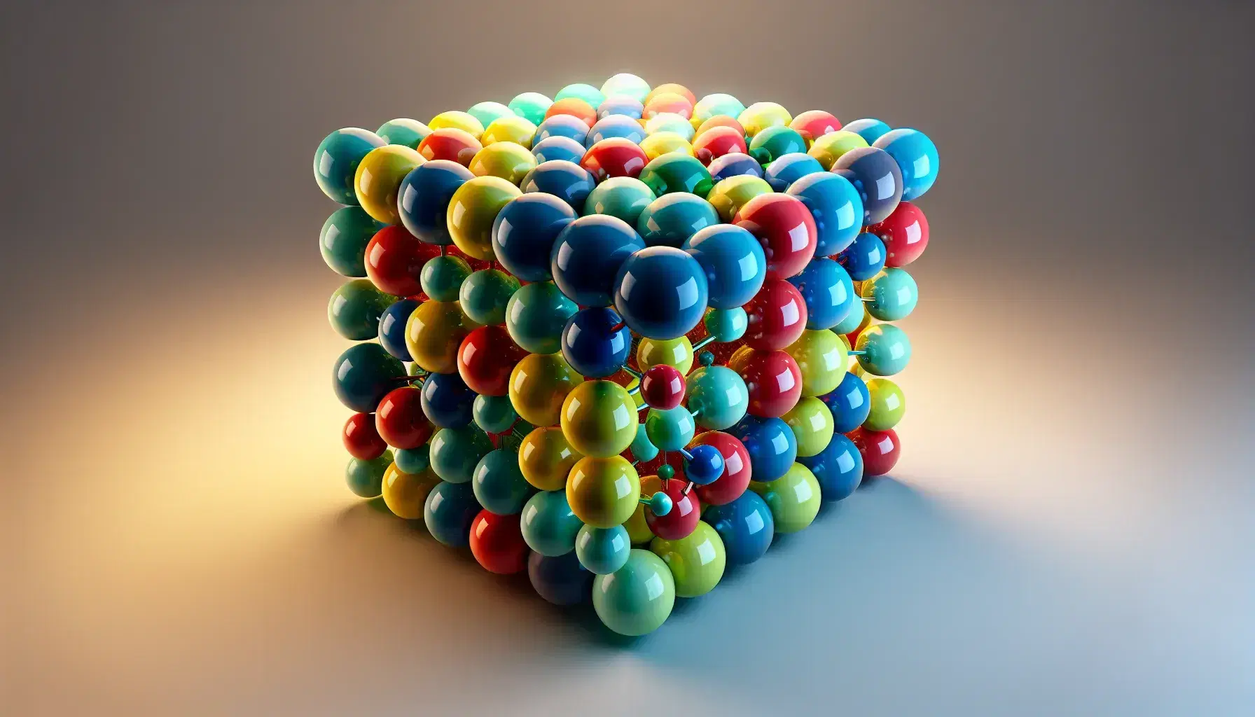 Esferas de colores brillantes representando moléculas de gas dentro de un cubo transparente, distribuidas al azar y sin colisiones, reflejando luz.
