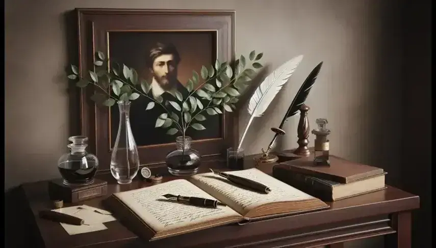 Scrivania in legno scuro con libro aperto, penna stilografica, calamaio con inchiostro, piuma d'oca e ritratto d'epoca.