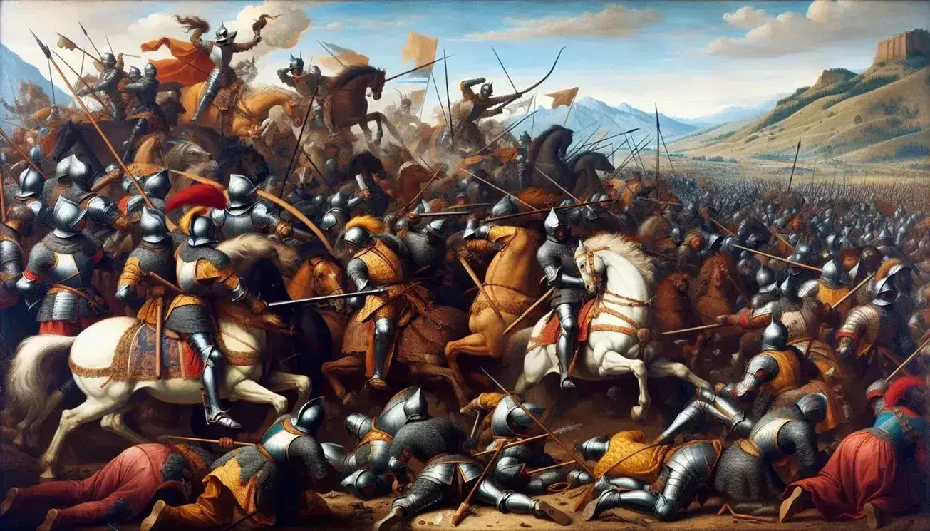 Battaglia di Ceresole raffigurata in dipinto storico, con soldati in armature che si scontrano, cavalieri e arcieri in azione sotto cielo azzurro.