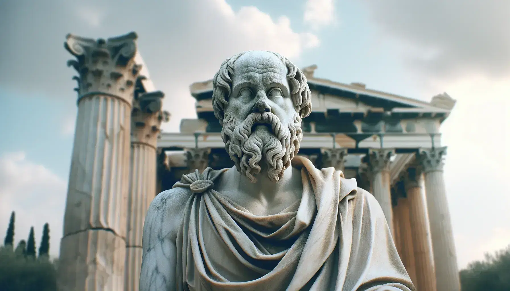 Statua in marmo di Socrate con barba e tunica, contornata da colonne doriche e un ulivo, sotto un cielo azzurro sereno.