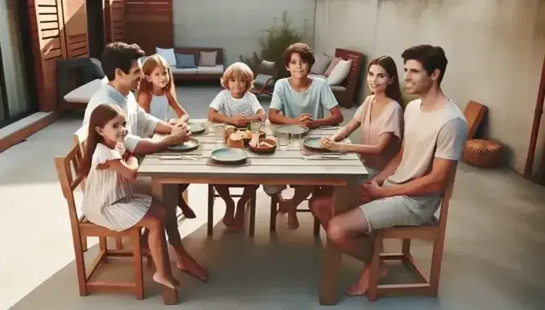 Familia disfrutando de un picnic al aire libre con comida saludable en una mesa de madera en un jardín soleado.