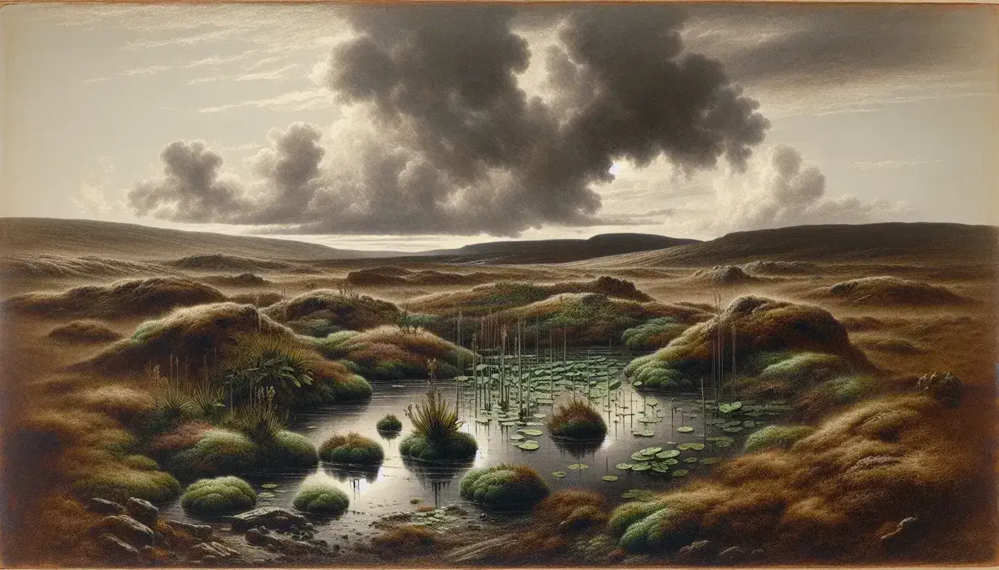 Ancient bog landscape with dark peaty soil, green moss, still water reflecting gray clouds, and a grass-covered hill under an overcast sky.