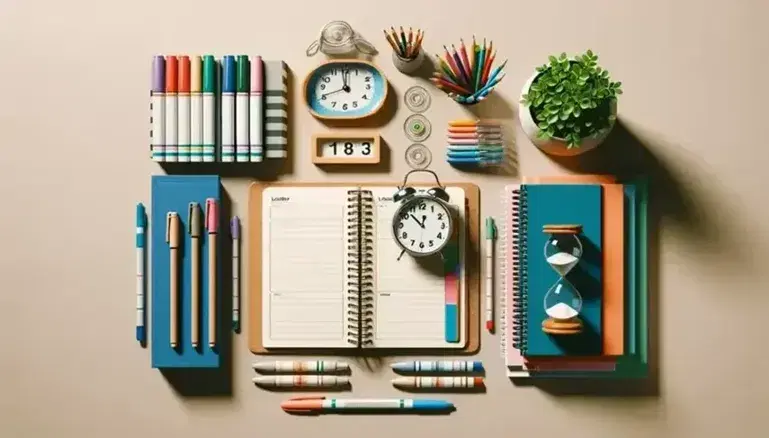 Teacher's desk with open blank lesson planner, analog clock at 10:10, colored markers, hourglass, textbooks, potted plant, and headphones on a wooden surface.
