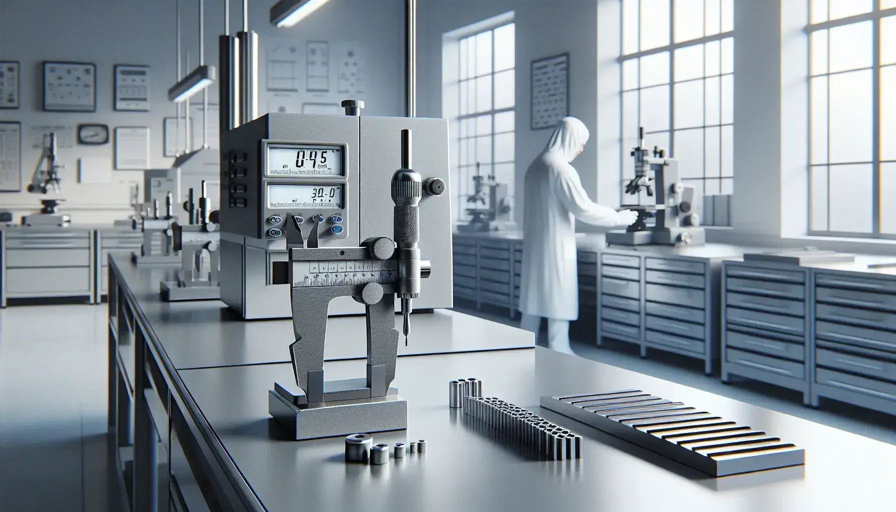 Laboratorio de metrología con calibre vernier y micrómetro en primer plano, técnico ajustando dispositivo de medición digital y bloques patrón de acero al fondo.
