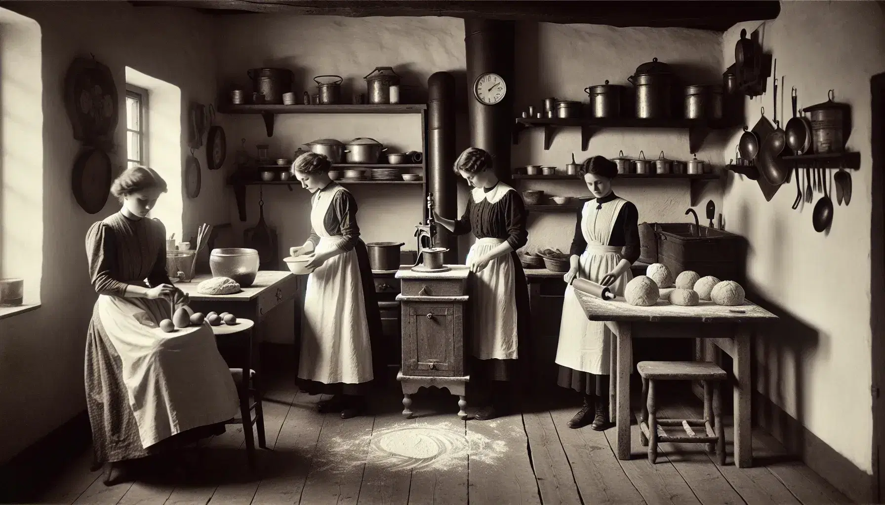 Three 1930s women baking in a vintage kitchen with a wood stove, hand pump sink, and traditional utensils, evoking a sense of nostalgia.