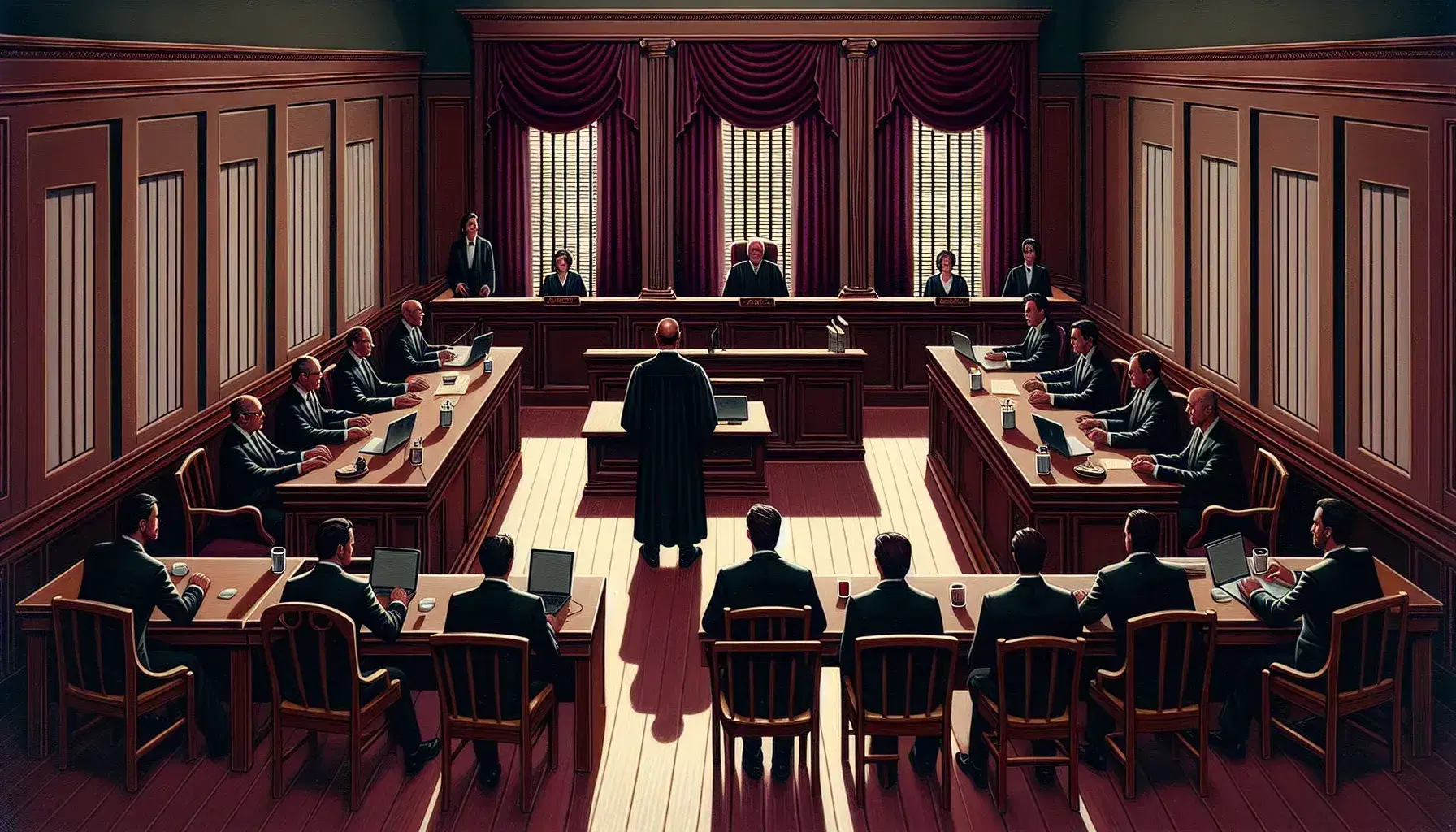 Sala de tribunal con juez en toga negra, asistentes con portátiles y abogados en mesas enfrentadas debatiendo.