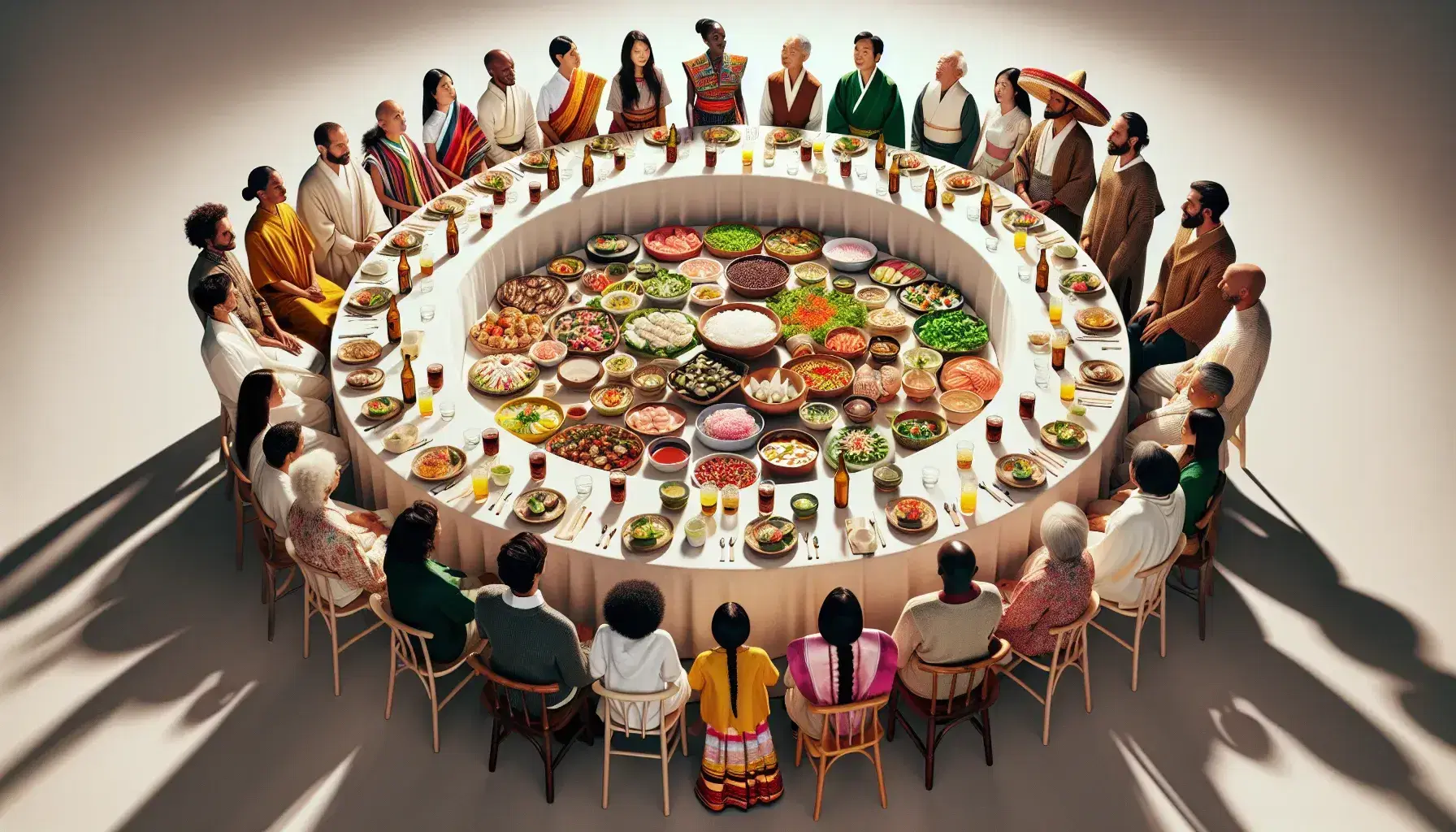 Diverse group of people in cultural and modern attire sharing a meal with international dishes and drinks around a round table.