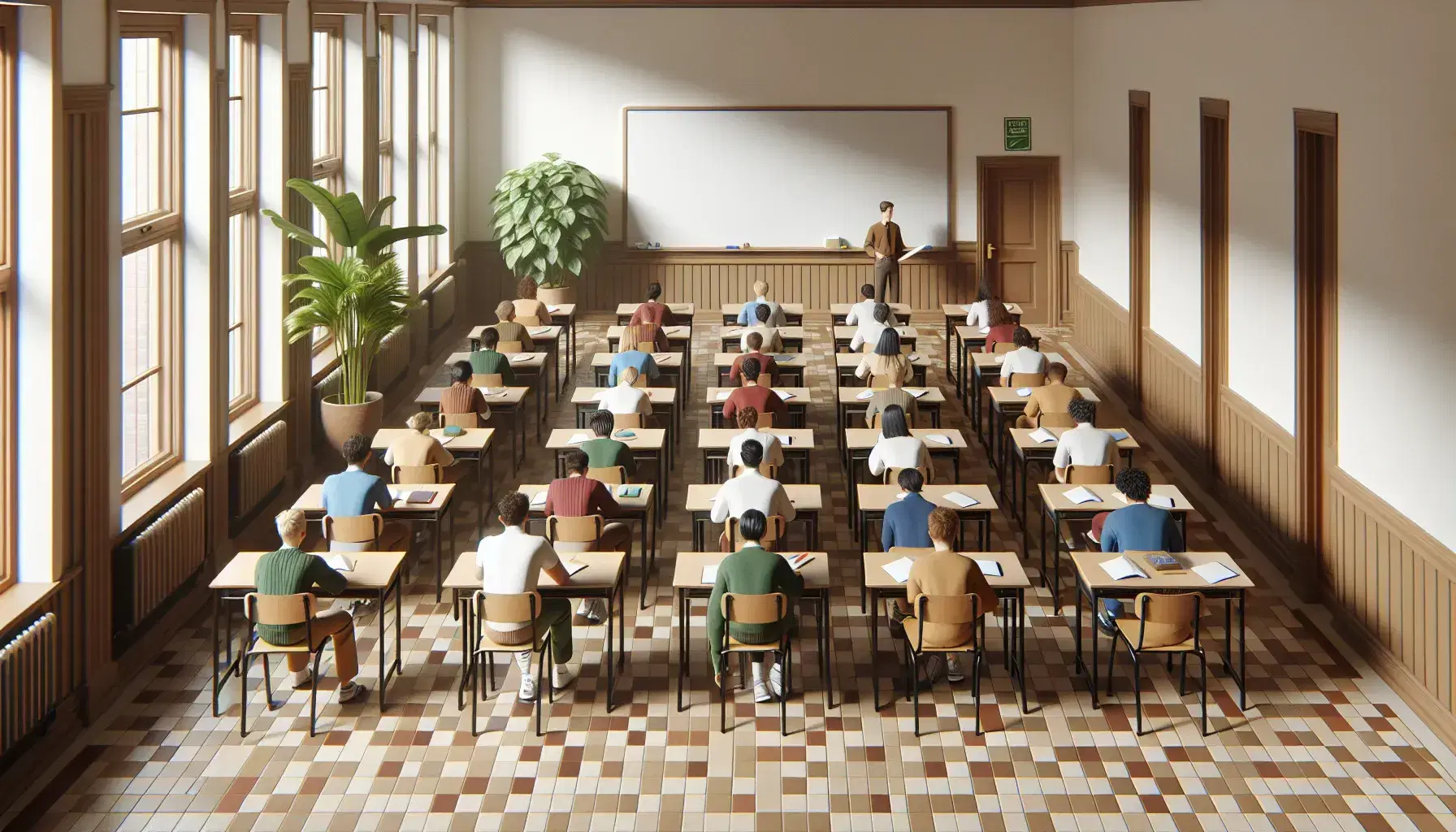 School classroom with multi-ethnic students sitting at desks and teacher in front of white board, green plant and natural light.